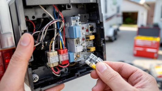 A close up image of a fuse box with a blown fuse