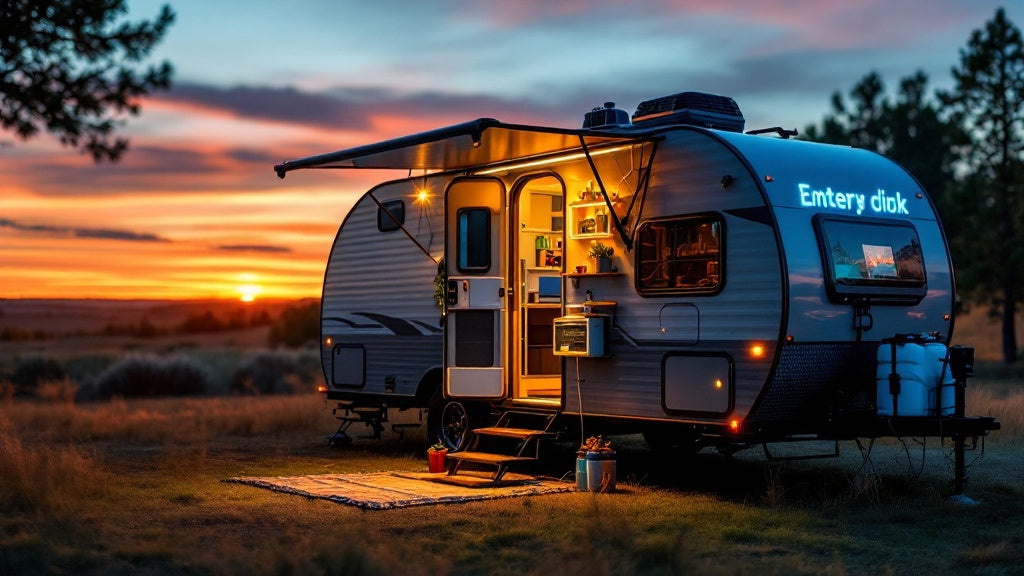 A trailer at sunset with all its electrical systems running smoothly, powered by a dual-battery setup.