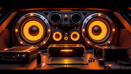 An image of high quality speakers and amplifiers at the back of a car