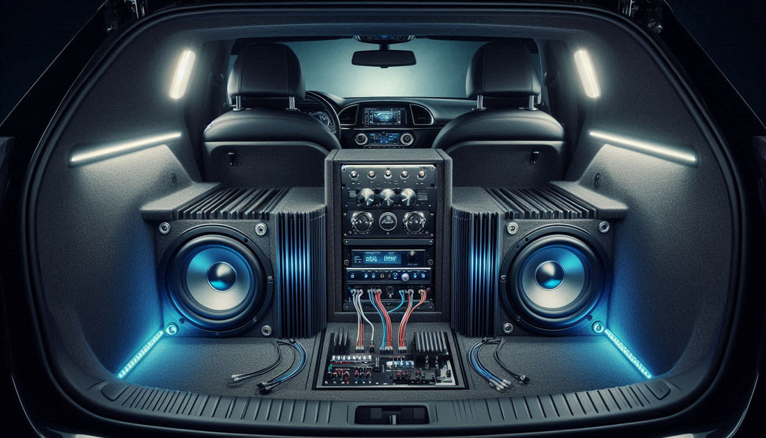 A sleek, high-performance car audio system installed in the trunk of a modern car.
