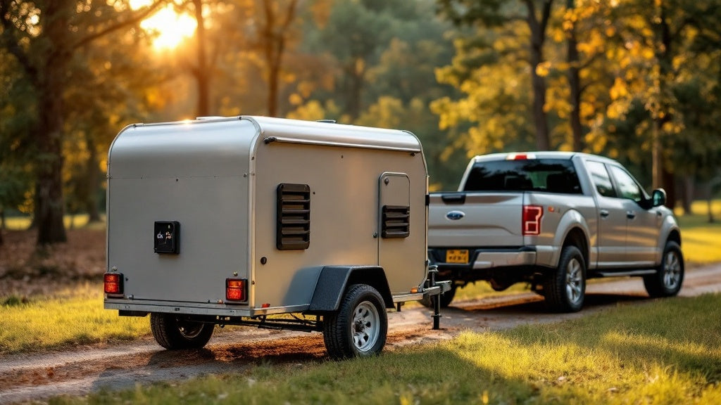 An image of a small utility trailer equipped with a 4-way trailer wiring system hitched to a pick up truck in the park.