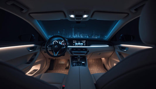 Luxury car interior with a clean, minimalist look and ambient lighting.