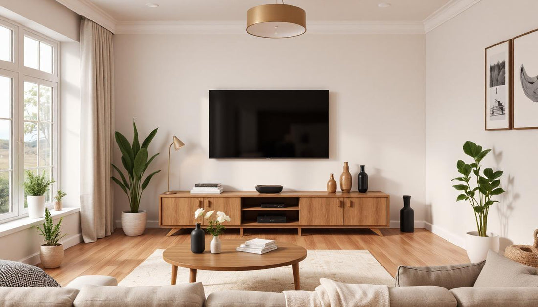 Modern living room with hidden audio wires, showcasing clean walls, minimalist decor, and visible speakers
