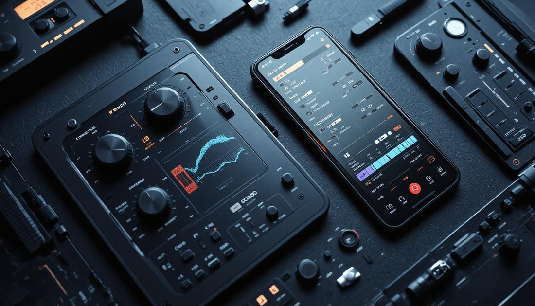 modern flat lay of a tablet and smartphone both displaying DSP control apps with real-time frequency graphs, simple background