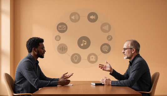 a visual of two audiophiles debating with icons representing sound waves, myths vs facts overlay, neutral tone