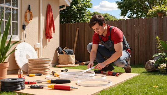 hand-drawn-style scene of a DIYer installing backup LED strips with affordable tools and wire spools, sunny outdoor background