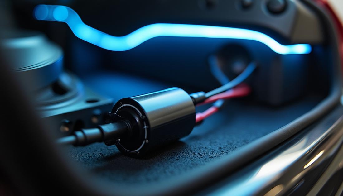 A close-up of a sleek car audio capacitor installed within a modern car’s sound system.