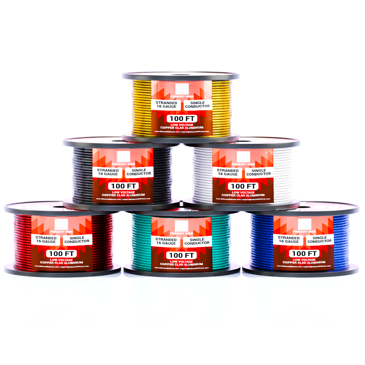 A set of six spools of 100 ft, 16 gauge, stranded, single conductor, low voltage copper clad aluminum primary wire. The spools are color-coded in red, black, yellow, white, green, and blue.