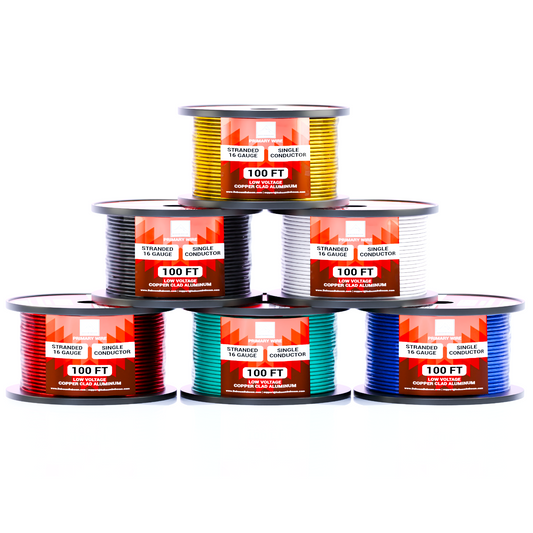 A set of six spools of 100 ft, 16 gauge, stranded, single conductor, low voltage copper clad aluminum primary wire. The spools are color-coded in red, black, yellow, white, green, and blue.