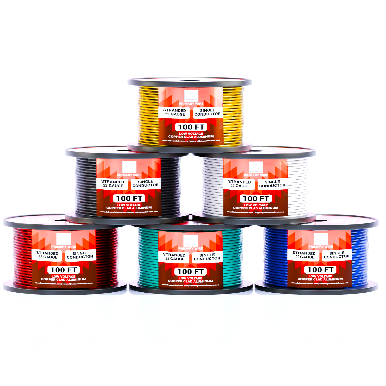 A set of six spools of 100 ft, 22 gauge, stranded, single conductor, low voltage copper clad aluminum primary wire. The spools are color-coded in red, black, yellow, white, green, and blue.