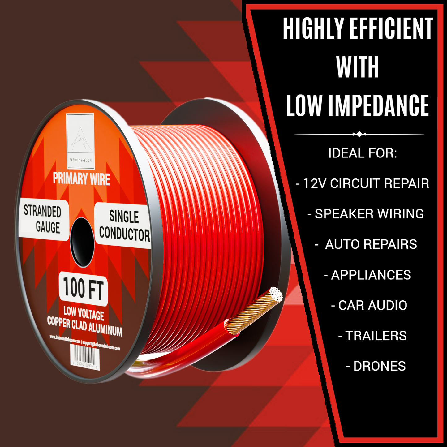 A close-up of a red spool of 100 ft, 22 gauge, stranded, single conductor, low voltage copper clad aluminum primary wire. The accompanying text highlights its high efficiency and low impedance, ideal for various applications such as 12V circuit repair, speaker wiring, auto repairs, appliances, car audio, trailers, and drones.
