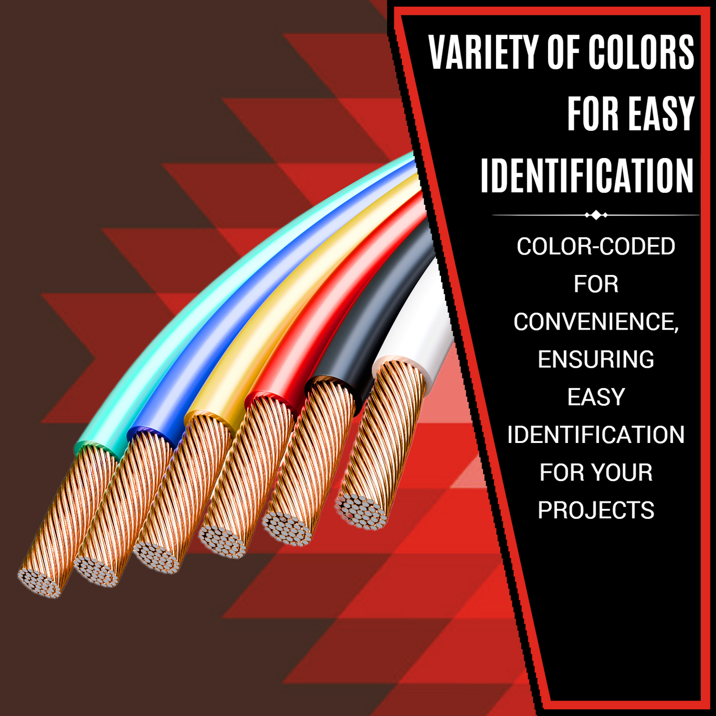 A display of six different colored wires (blue, green, yellow, red, black, and white) highlighting the variety of colors for easy identification. The text states, "Variety of colors for easy identification. Color-coded for convenience, ensuring easy identification for your projects.