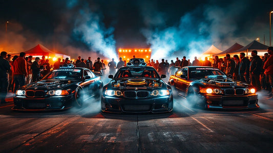 A vibrant car audio competition scene with cars lined up, showcasing high-powered speaker setups.