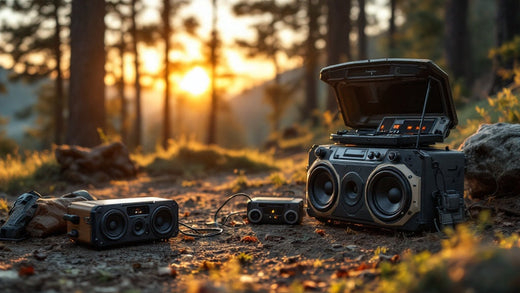 A peaceful camping scene with a car audio system running off solar power