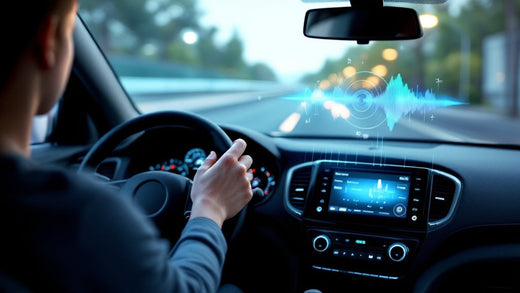 An image of a driver using voice commands to adjust car audio.