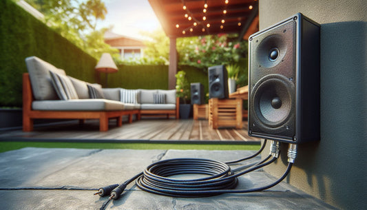 An outdoor audio setup featuring a pair of high-quality speakers mounted on a patio, with speaker wires running neatly along the ground.