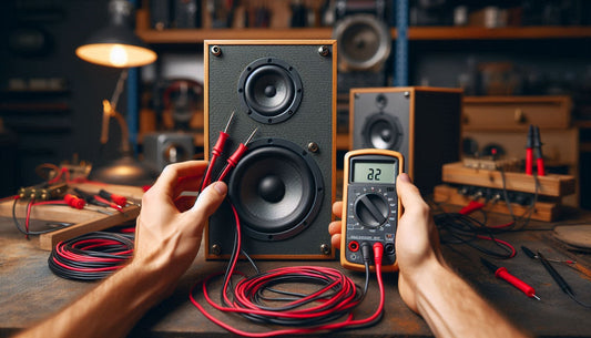 A hands-on demonstration of identifying positive and negative speaker wires, featuring a pair of speakers with clearly marked red and black wires.