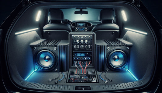 A sleek, high-performance car audio system installed in the trunk of a modern car. 