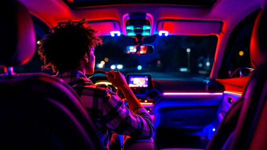 A person sitting in their car at night, enjoying music with vibrant LED lights pulsing to the beats.