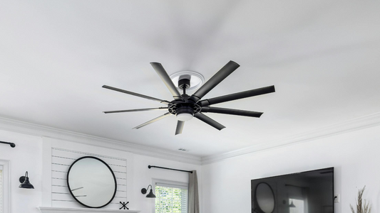 A ceiling fan with light fixture in a modern home setup