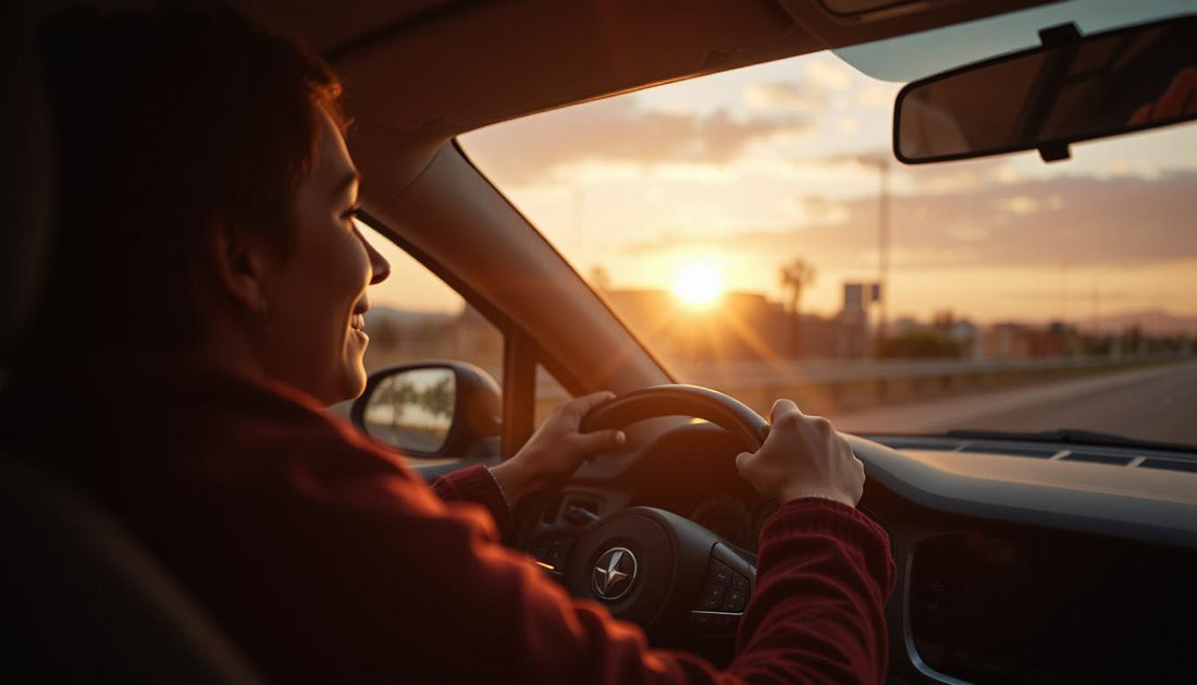 Inspiring moment: sunset drive scene, smiling driver with hands on the steering wheel