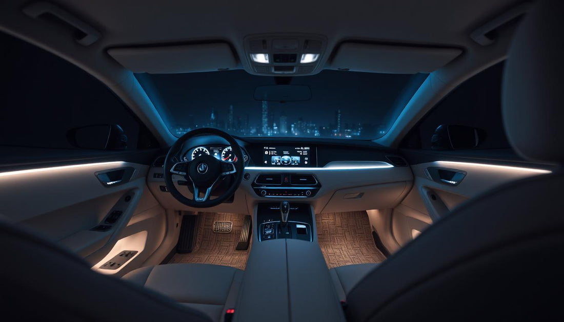 Luxury car interior with a clean, minimalist look and ambient lighting.