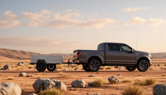A scenic view of a truck towing a trailer through a rural road