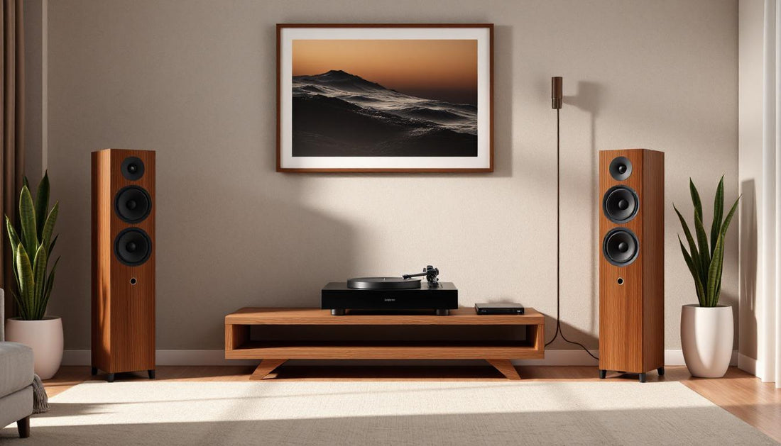 Elegant home audio setup, two premium floor-standing speakers, sleek amplifier, turntable on minimalist wooden shelf, neat speaker cables, modern and stylish atmosphere