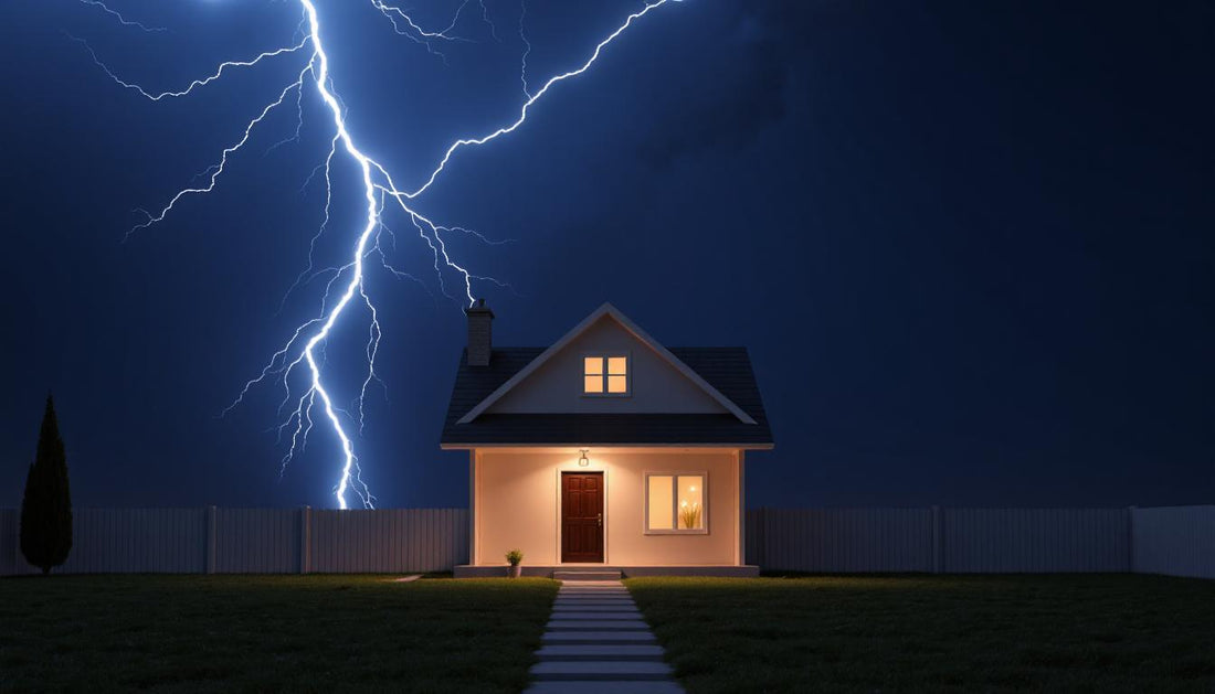 minimalist illustration of a lightning bolt striking a house, subtle electric waves moving toward a home audio system