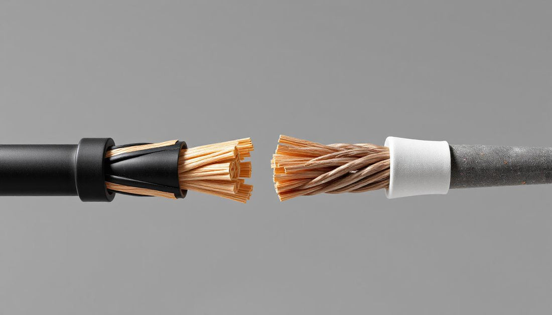simple image of wires under stress: one fraying slightly (fine stranded), one intact but stiff (coarse)
