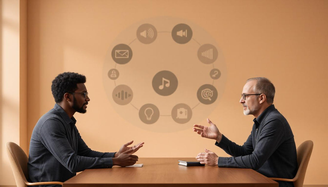 a visual of two audiophiles debating with icons representing sound waves, myths vs facts overlay, neutral tone