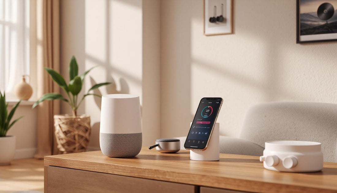 scene showing voice assistant, smartphone app, and manual knobs controlling music in different rooms, cozy home vibe