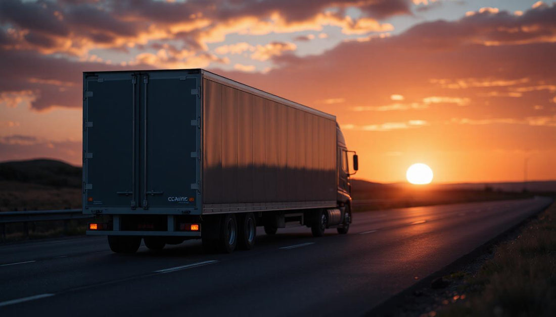 modern trailer on the road with cleanly lit LEDs, sun setting in background, safe and well-wired look, CCA wire text subtly present on box in corner
