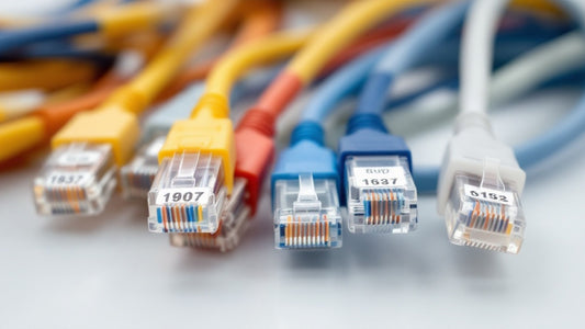 A close-up of Ethernet cables of various wire gauges, neatly arranged with labeled tags.