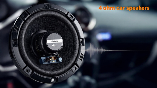  A close-up of a 4-ohm car speaker, highlighting its terminals.