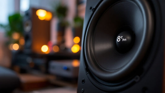 A close-up of an 8-ohm speaker with its cone and terminals clearly visible.