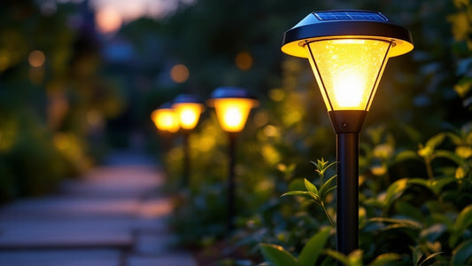 A close-up of sleek, modern solar-powered garden lights with small solar panels on top.