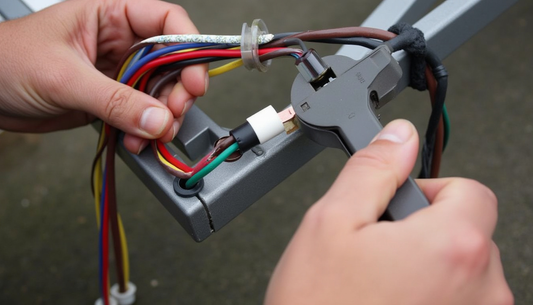 A close-up shot of someone crimping and connecting wires for a trailer setup.