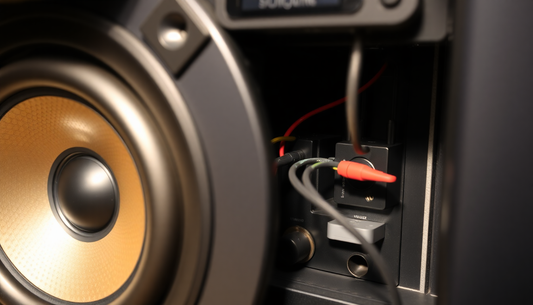 A close-up view of a home audio speaker setup with a visible crossover circuit inside.