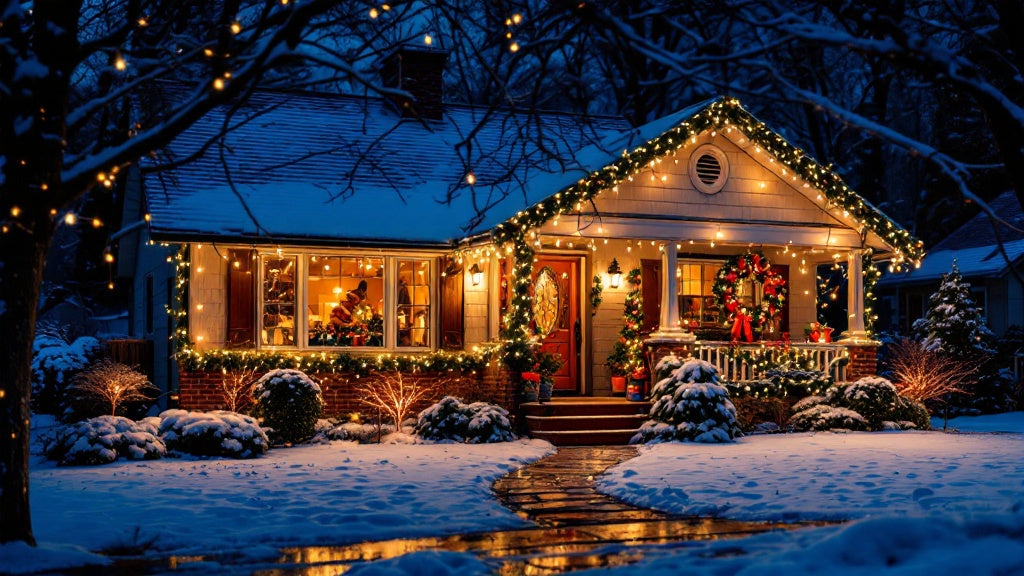 A cozy suburban home decorated with holiday lights.
