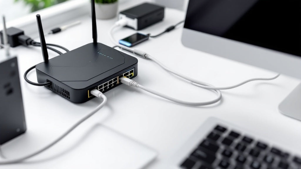 A modern workspace setup featuring neatly organized Ethernet cables.