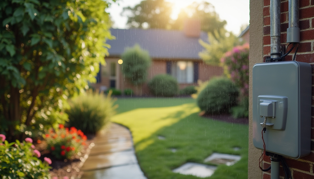 A suburban backyard with various outdoor electrical systems.