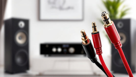 An image of a clean and professional audio setup with high-quality speakers, an amplifier, and neatly organized cables connected with banana plugs. 