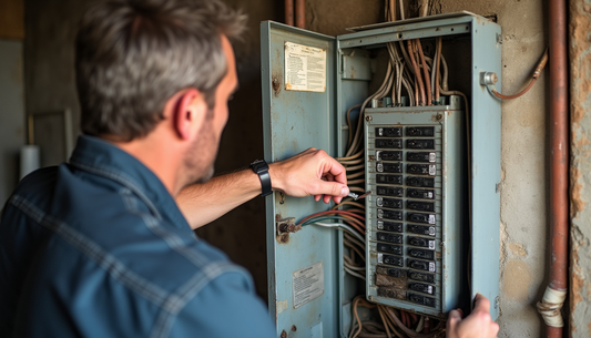 An image of an electrician examining an old circuit breaker panel in a basement.