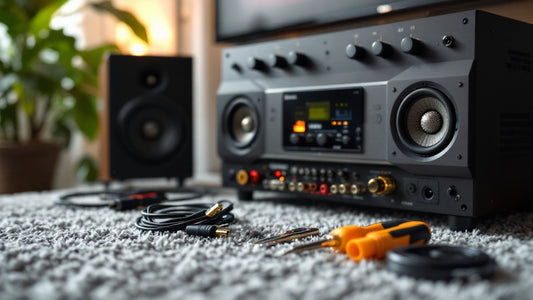 An image showing a speaker and amplifier setup with speaker wire prepared for banana plug installation.