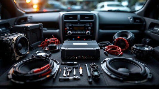 An image of a car interior featuring an amplifier, with speaker wires and tools neatly organized and ready for installation.