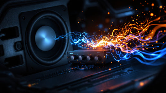 An image showing a high-quality car audio amplifier next to a powerful subwoofer.