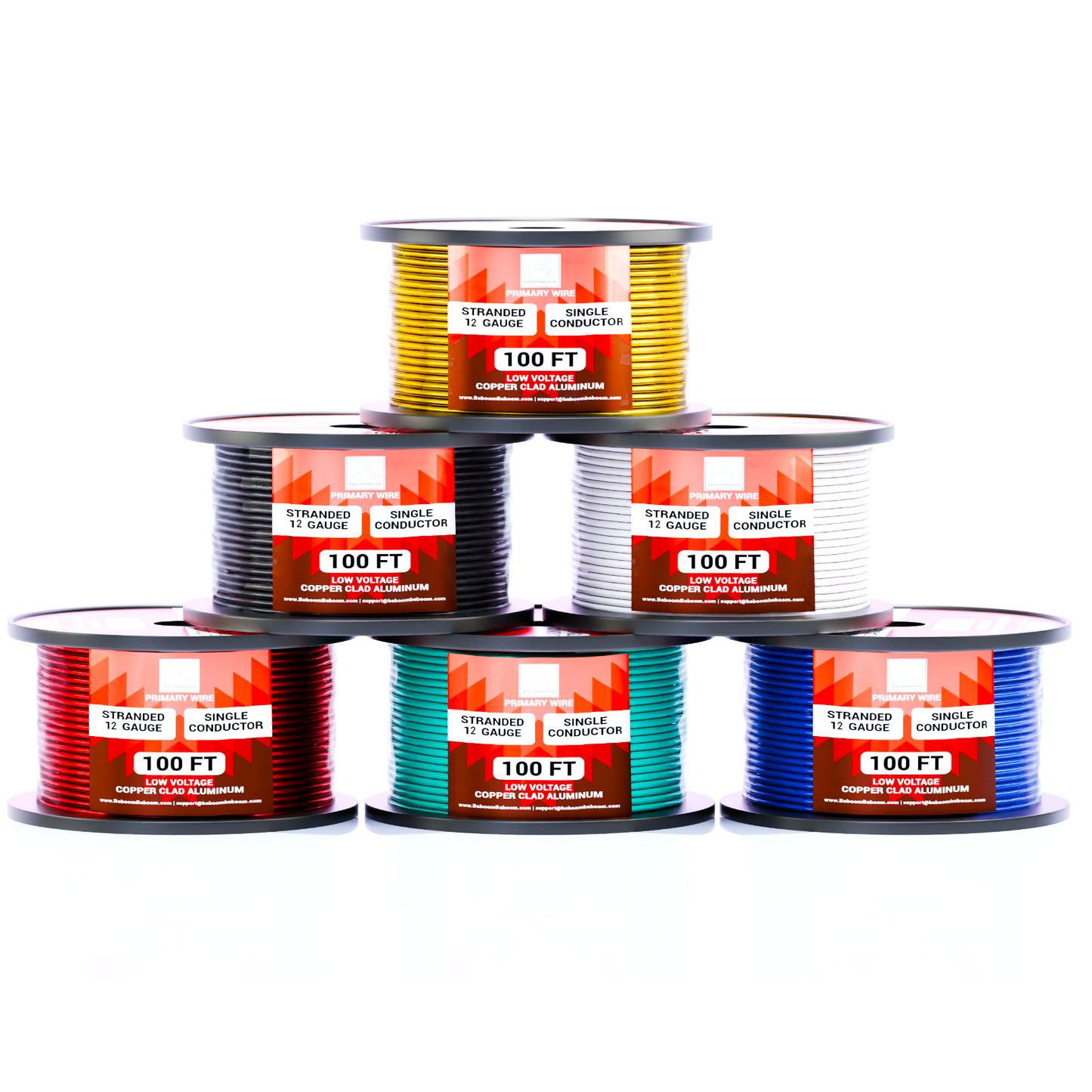 A set of six spools of 100 ft, 12 gauge, stranded, single conductor, low voltage copper clad aluminum primary wire. The spools are color-coded in red, black, yellow, white, green, and blue.