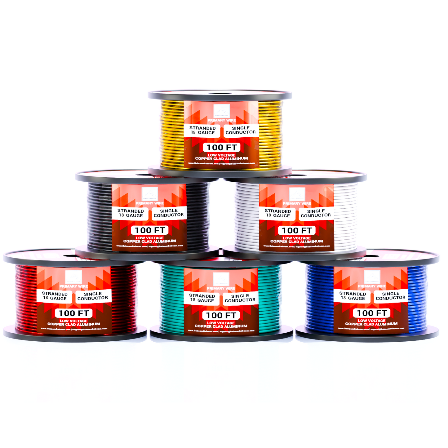 A set of six spools of 100 ft, 18 gauge, stranded, single conductor, low voltage copper clad aluminum primary wire. The spools are color-coded in red, black, yellow, white, green, and blue.